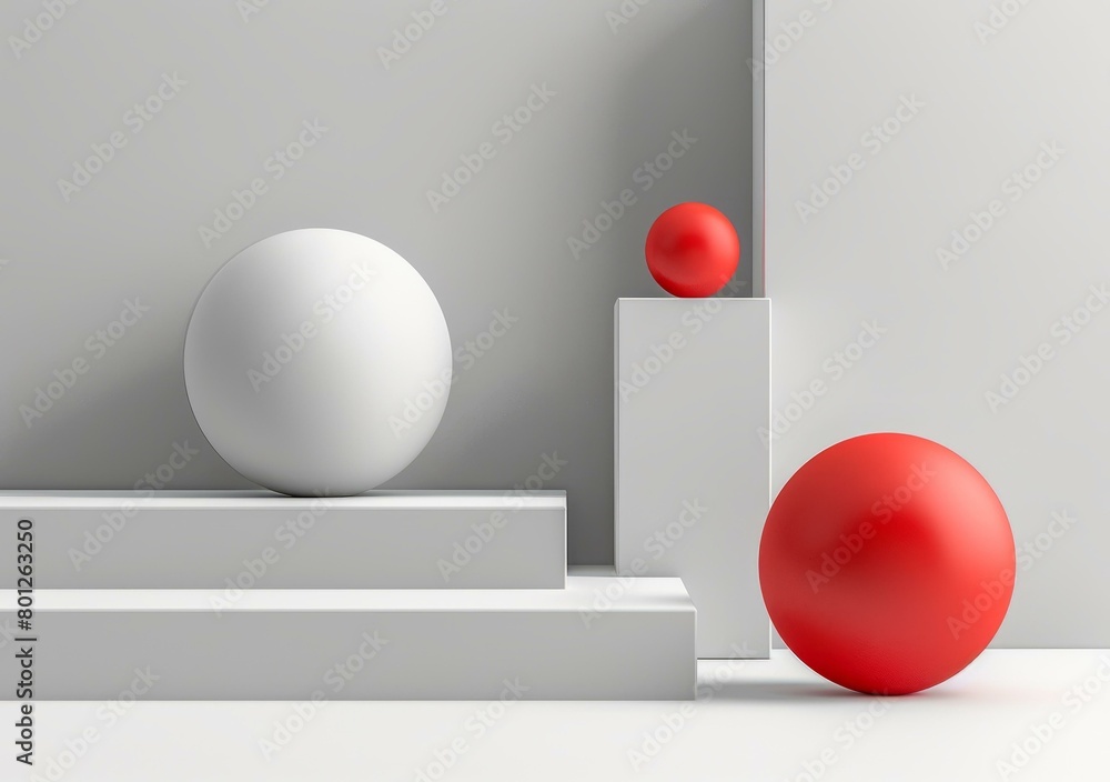 Poster 3d rendering of a simple geometric scene with spheres and podiums