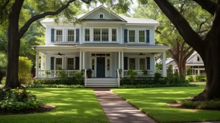 Obraz premium Large two-story house with lush green lawn and trees