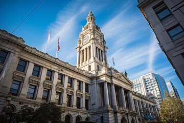 A Majestic Municipal Building with Classic Architecture, Standing Proudly Against a Clear Blue Sky in the Heart of the City
