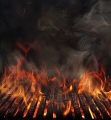 Intense flames and billowing smoke rise from a grill cooking food on charcoal