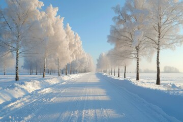 Fototapeta premium The road is covered with snow between the snow-covered trees