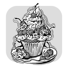 Sweet tasty dessert cupcake with cream and deco for morning breakfast in café or restaurant. Mini birthday cake for pleasure. Hand drawn colorful retro vintage illustration. Old style drawing.