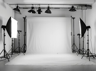 Black and white photo studio with white background and lighting equipment