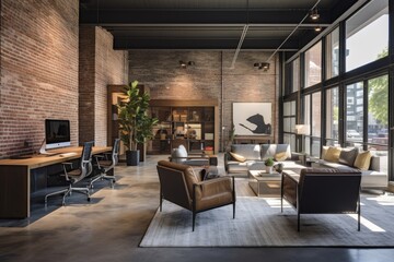 A Modern Charcoal Open-Concept Office Space with High Ceilings, Exposed Brick Walls, and Contemporary Furniture