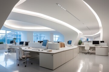 A Modern Architectural Marvel: The Alabaster White Cubicle Area in a Contemporary Office Space, Illuminated by Natural Light