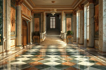 ornate hallway with marble floor and columns