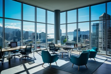 Fototapeta premium A Modern Teal Open Office Space with Natural Light, Contemporary Furniture, and a Panoramic City View