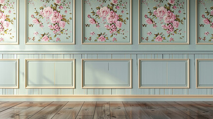 A sophisticated decor with pastel floral-patterned wall beadboard wainscot against a glossy maple wooden floor, exuding grace and elegance.