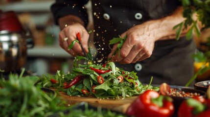 A chef creating a Thai-inspired salad with sliced chili peppers and crushed peppercorns, combining bold flavors and vibrant colors in a refreshing dish. - Powered by Adobe