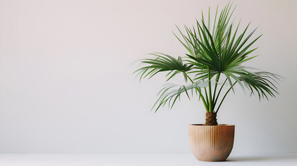 palm tree in a pot on a white wall with shadows from the sun,Collection of various plants in different pots. Potted house plants on shelf against wall,Green tall palm plant in pot in left side

