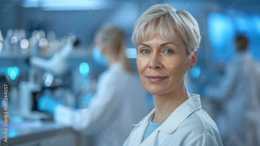 Poster confident female scientist smiling in modern laboratory setting with team working in background