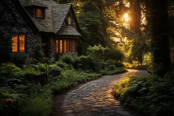 Obraz premium A Quaint Cottage Nestled in a Lush Green Forest with a Cobblestone Path Leading to its Rustic Wooden Door, Illuminated by the Warm Glow of the Setting Sun