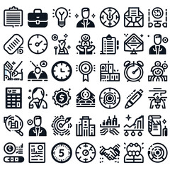 Comprehensive Black and White Business Management Icon Set