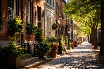 A Charming Street Scene of Historic Brick Townhouses with Ivy-Covered Walls, Cobblestone Streets, and Vintage Street Lamps in the Heart of a Bustling City