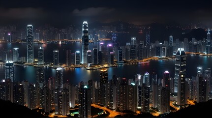 Obraz premium Panoramic view of Victoria Harbor and Hong Kong skyline.generative.ai