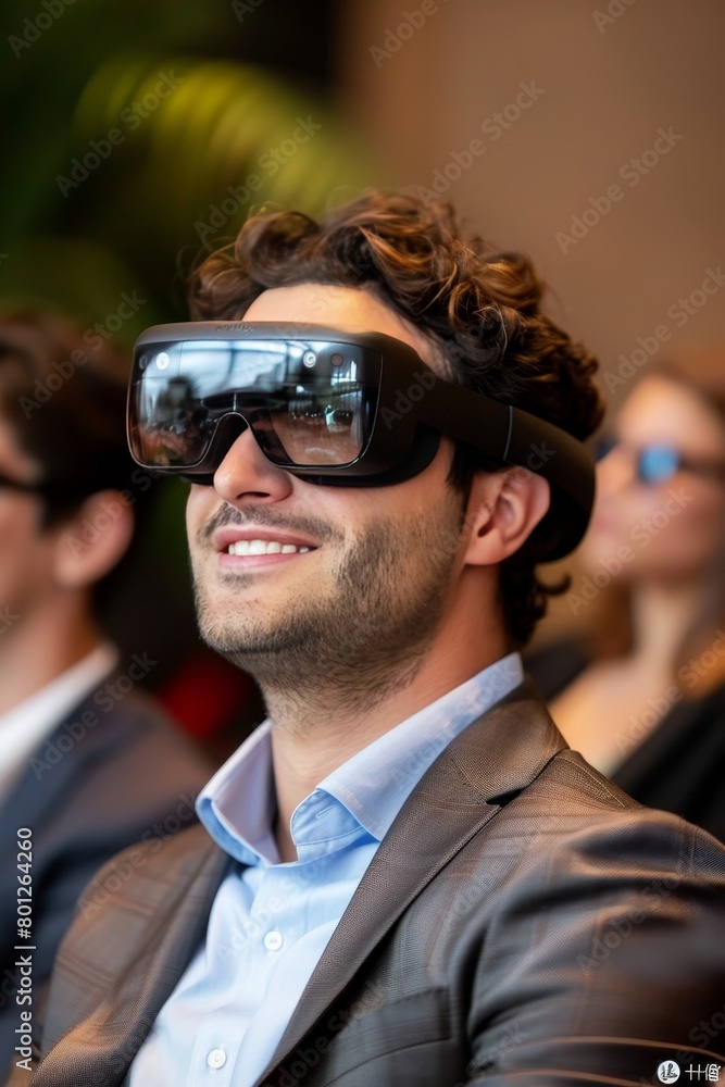 Poster engineers collaborating on design project with augmented reality glasses in close up view