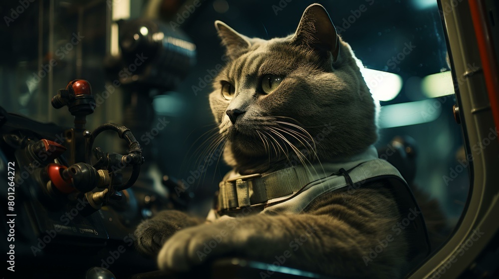 Poster a gray cat wearing a spacesuit is sitting in the cockpit of a spaceship.