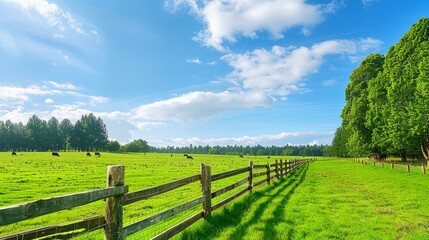 Fototapeta premium Cattle Grazing on a Green Pasture Under a Blue Sky