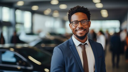Portrait of a smiling African American businessman in a suit and tie standing in a car dealership. - obrazy, fototapety, plakaty