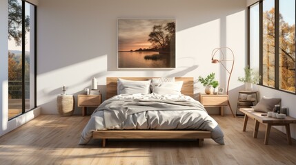 Modern bedroom interior with a beautiful landscape painting above the bed