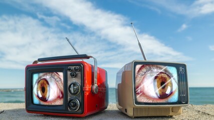 televisions with beautiful female eye on the screen next to the sea
