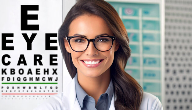 Extreme close-up of a professional smiling female optician or optometrist, looking at camera near an eye exam chart with letters. Eye care concept. Generative Ai.