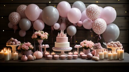 A beautifully decorated table with a cake, flowers, and candles.