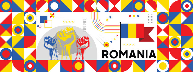Flag and map of Romania with raised fists. National day or Independence day design for Counrty celebration. Modern retro design with abstract icons. Vector illustration.
