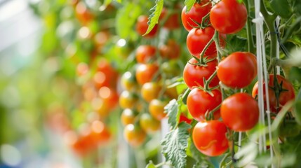 Close up of fresh ripe red tomato plants in the garden blur background. AI generated image