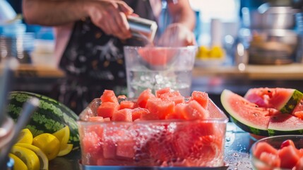 A chef preparing a batch of refreshing watermelon smoothies, blending chunks of juicy fruit with ice for a hydrating and revitalizing beverage.