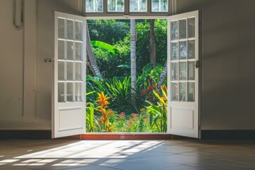 Open French doors leading to a lush tropical garden