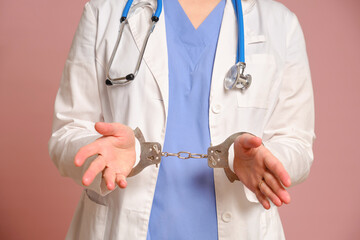 Female doctor with hands handcuffed during arrest, studio pink background. Nurse in uniform with stethoscope on red studio background
