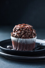 Chocolate capcake with chocolate cream. American dessert.