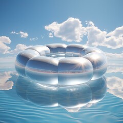 A 3D rendering of a silver torus floating on a body of water. - obrazy, fototapety, plakaty