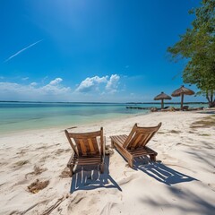 Two wooden lounge chairs sit on a sandy beach overlooking a calm sea with a palapa in the distance