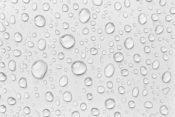 Close up of water drops on a white surface, reflecting light