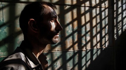 A reflective moment captured as a prisoner stares out from behind the bars of his cell, sunlight casting shadows on the floor