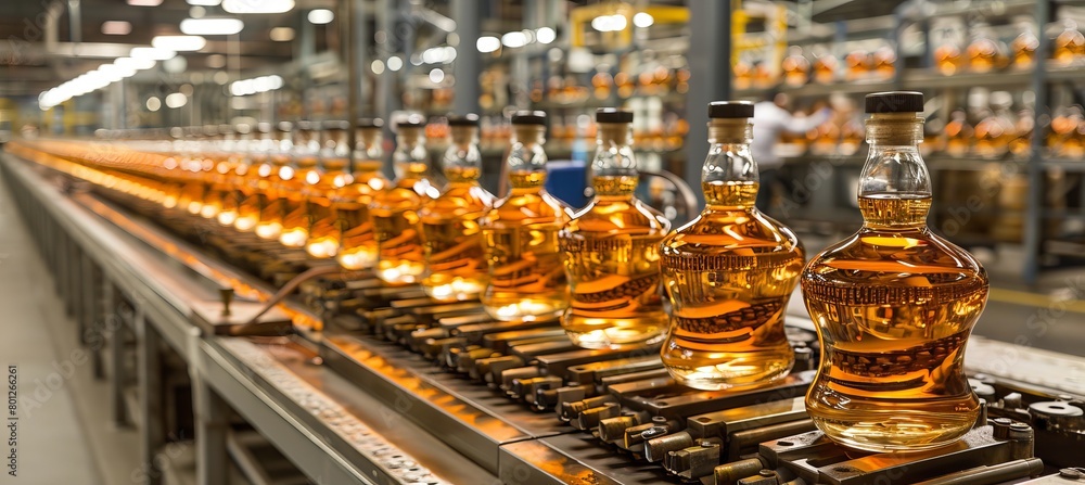 Poster whiskey bottling assembly line in a standard factory facility for efficient production