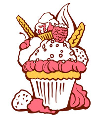 Sweet tasty dessert cupcake with cream and deco for morning breakfast in café or restaurant. Mini birthday cake for pleasure. Hand drawn colorful retro vintage illustration. Old style drawing.