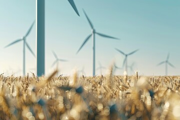Wind Turbine Fields, Ideal for companies in wind energy and eco-tech. Background shows fields with rotating turbines. Generative AI.