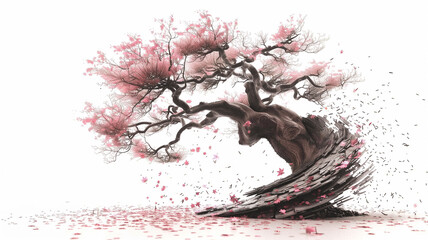 A ancient sakura tree paint with pink petals flowing wind blows isolated on white background