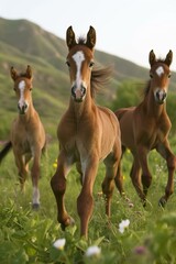 Three foals of a brown color are running across a green field