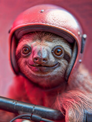 A cute sloth with a motorcycle helmet