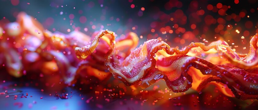Depict a whimsical scene where bacon slices are dancing to the rhythm of a lively musical composition
