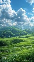 Green rolling hills under a blue sky