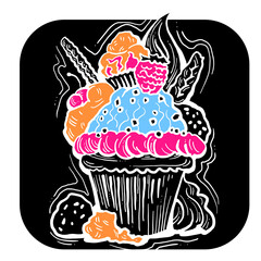 Sweet tasty dessert cupcake with cream and deco for morning breakfast in café or restaurant. Mini birthday cake for pleasure. Hand drawn colorful retro vintage illustration. Old style drawing.