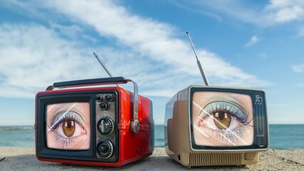 televisions with beautiful female eye on the screen next to the sea - 801267019