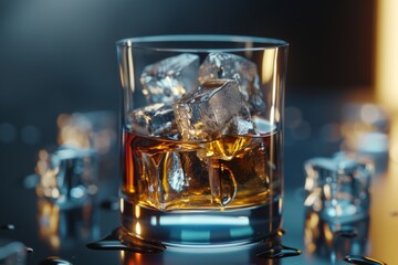 Scotch whisky in a glass with ice cubes