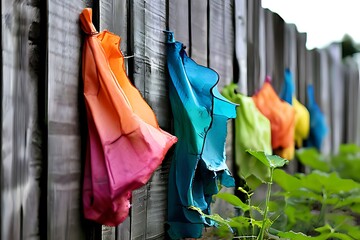 Plastic bags dyed in an art deco style emerge from an old wooden fence board, resembling sprouting...