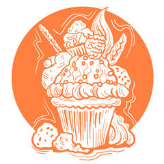 Sweet tasty dessert cupcake with cream and deco for morning breakfast in café or restaurant. Mini birthday cake for pleasure. Hand drawn colorful retro vintage illustration. Old style drawing.